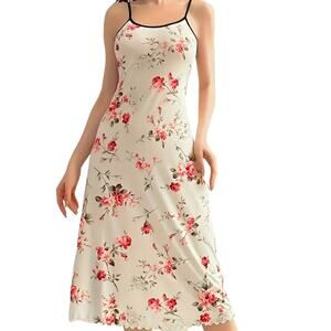 Plus Size 4XL Floral Nightgown Lettuce Trim Cami Dress | Ivory with Pink Roses